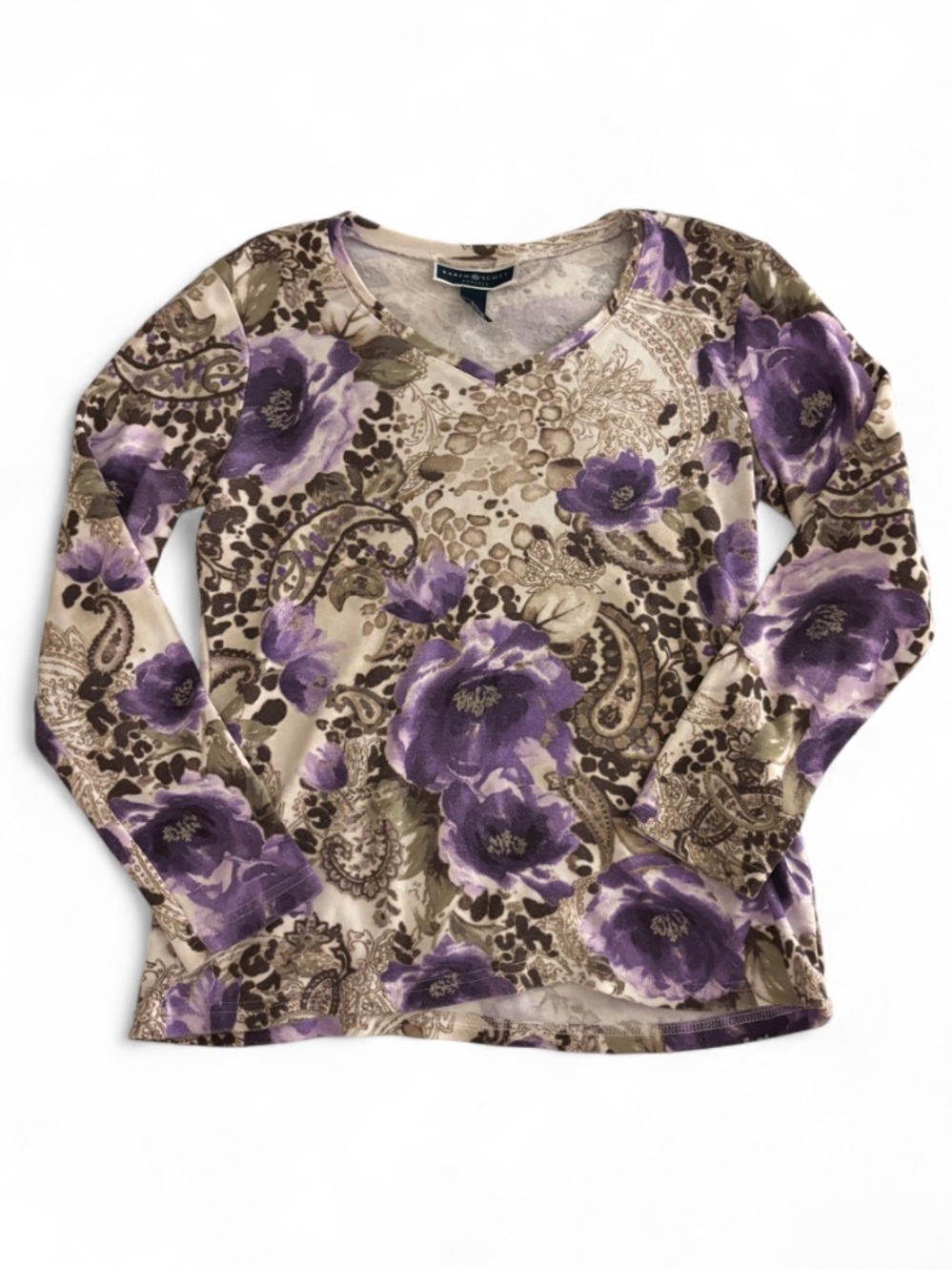 Vintage Karen Scott purple floral and paisley long sleeve top